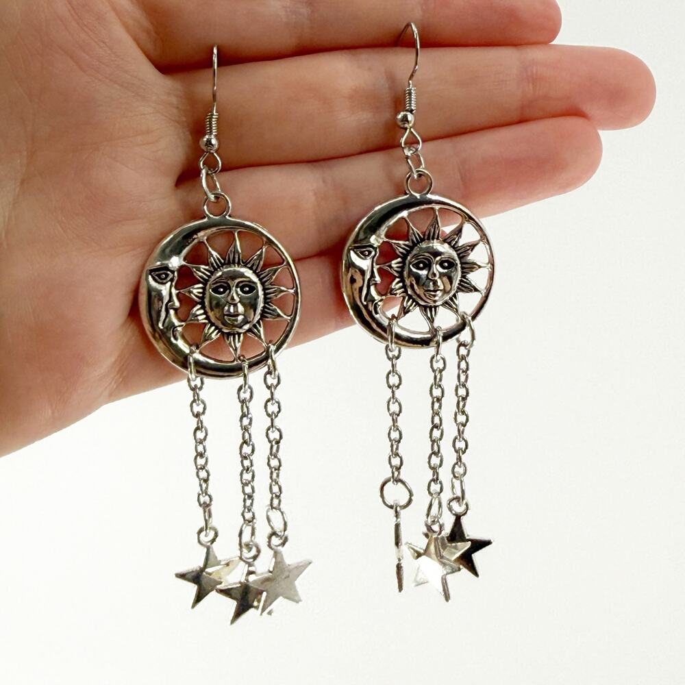 Celestial Sun Moon Star Dangle Earrings Boho Astrology Witchy Silver Jewelry